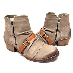 MIZ MOOZ  RUCHED NUBUCK LEATHER BOOTIE SIDE ZIP BUCKLE TAN 37EU / 7US # Z-149